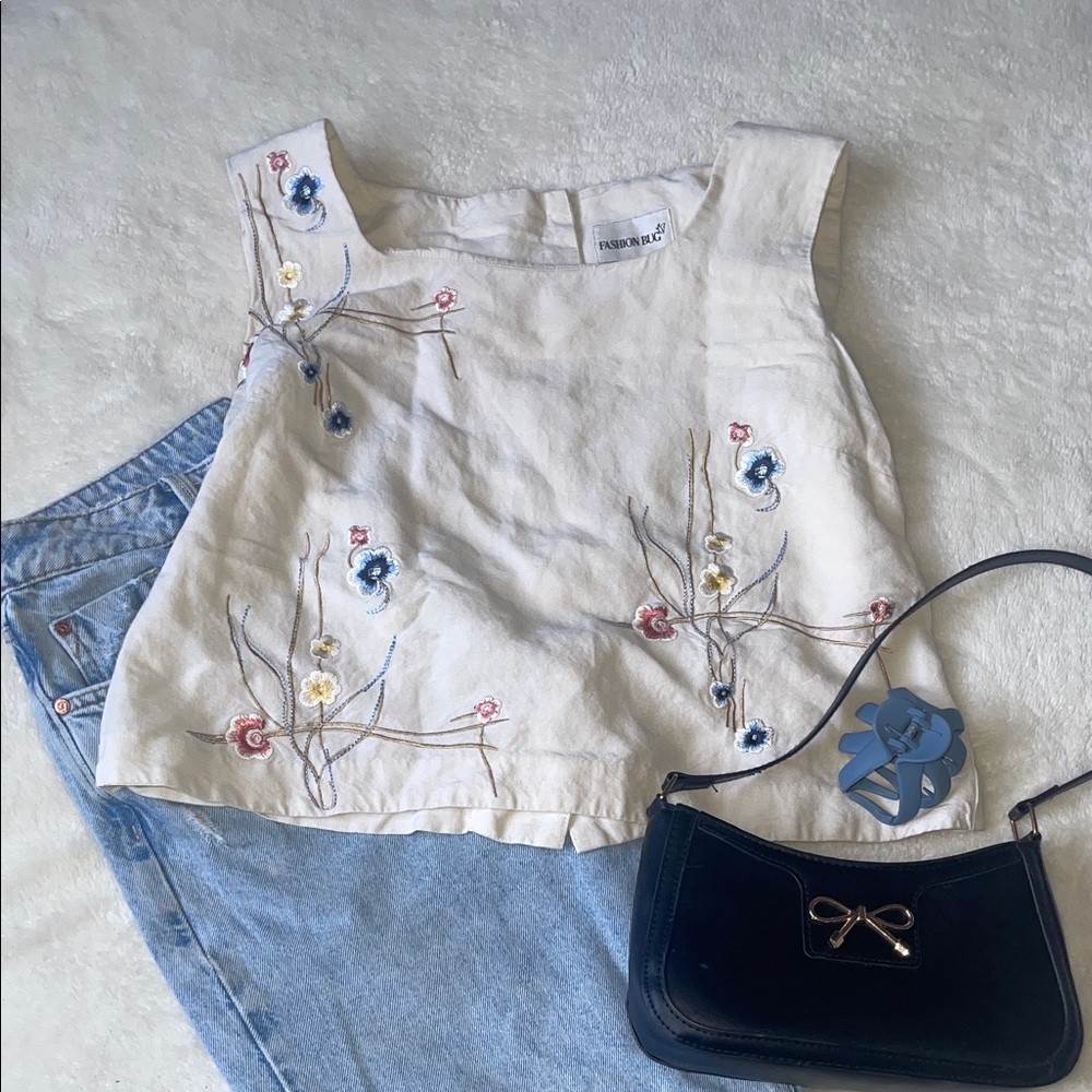Fashion Bug Cream Embroidered Linen Crop Tank with Multicolor Floral Accents